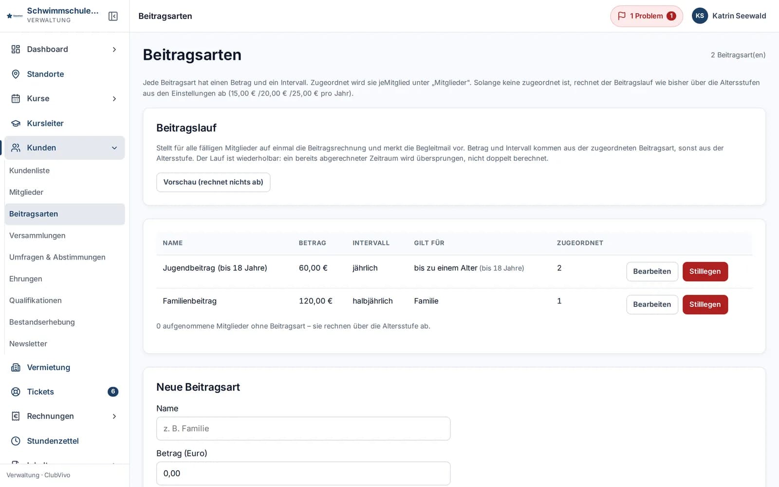 Beitragsarten mit Betrag, Intervall, Geltungsbereich und der Anzahl zugeordneter Mitglieder.