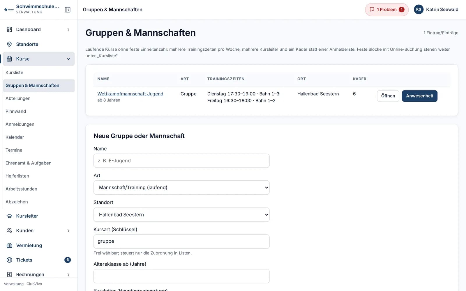 Übersicht der Gruppen und Mannschaften mit Art, zwei wöchentlichen Trainingszeiten, Ort und Kadergröße.