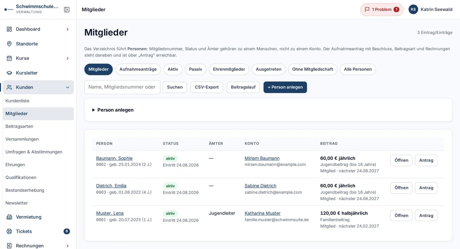 Mitglieder-Verzeichnis: Personen mit Mitgliedsnummer, Geburtsdatum, Status, Amt, zugeordnetem Konto und Beitragsart, dazu Suchfeld und CSV-Export.