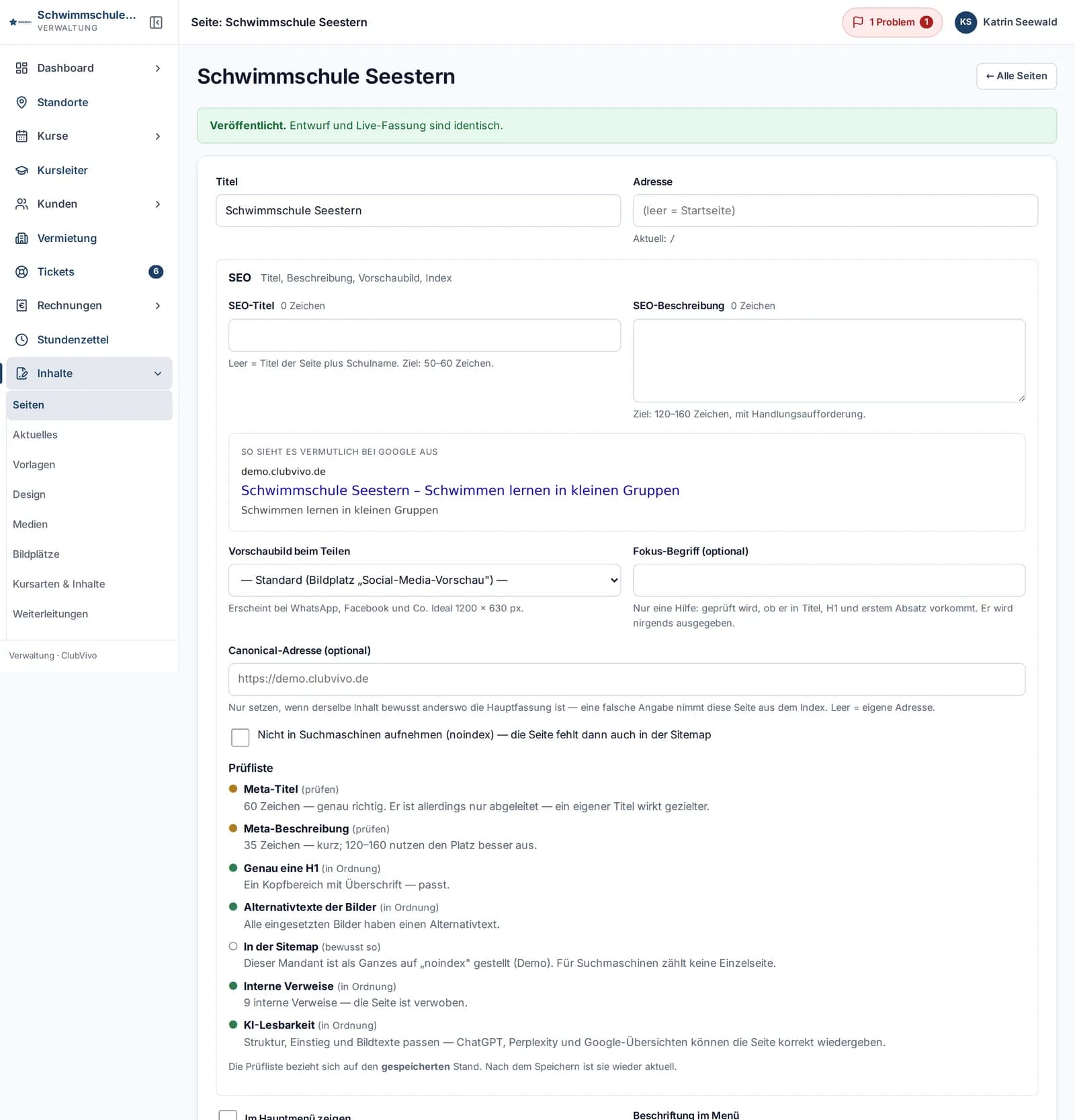 Seiten-Editor: links die Blockliste der Startseite mit Griffen zum Verschieben, rechts die Live-Vorschau des Entwurfs für Desktop, Tablet und Handy.