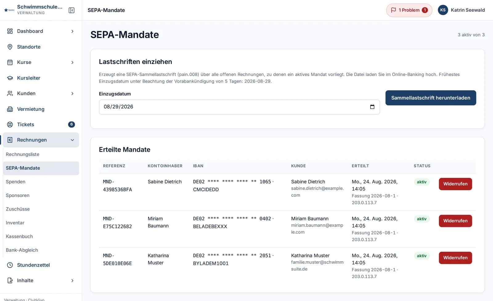 SEPA-Mandate mit Kontoinhaber, Mandatsreferenz, Status und der Sammler-Datei für die Bank.